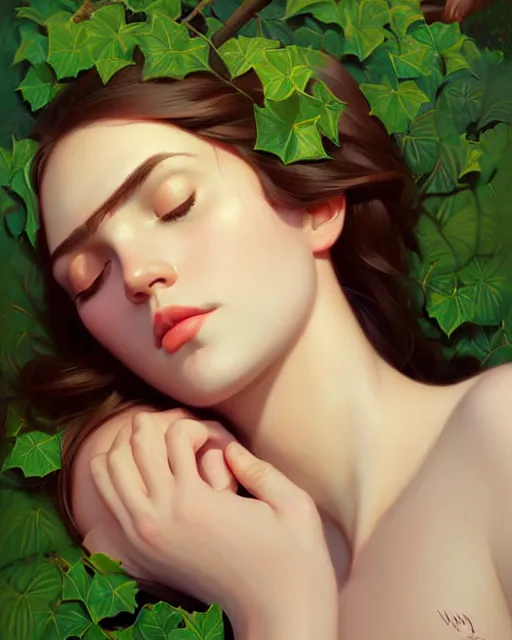 Prompt: stylized portrait of an artistic pose, composition, young lady sleeping sorrounded by nature, ivy's, flowers, one single head, realistic shaded, fine details, realistic shaded lighting poster by ilya kuvshinov, magali villeneuve, artgerm, jeremy lipkin and michael garmash and rob rey