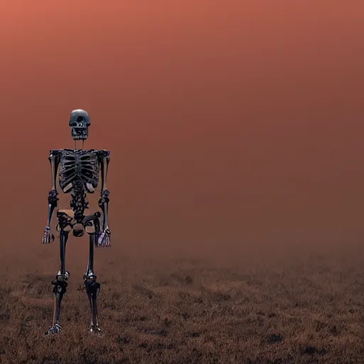 Prompt: Skeletal Cybernetic Man, Abandoned Field, Abandoned City Background, Dark, Dusty, Orange Hue, Old, Scary, Horror, Realistic, 4k, High Detail, High Resolution