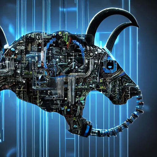 Image similar to cybernetic evil goat head merged with complex circuitry and machinery