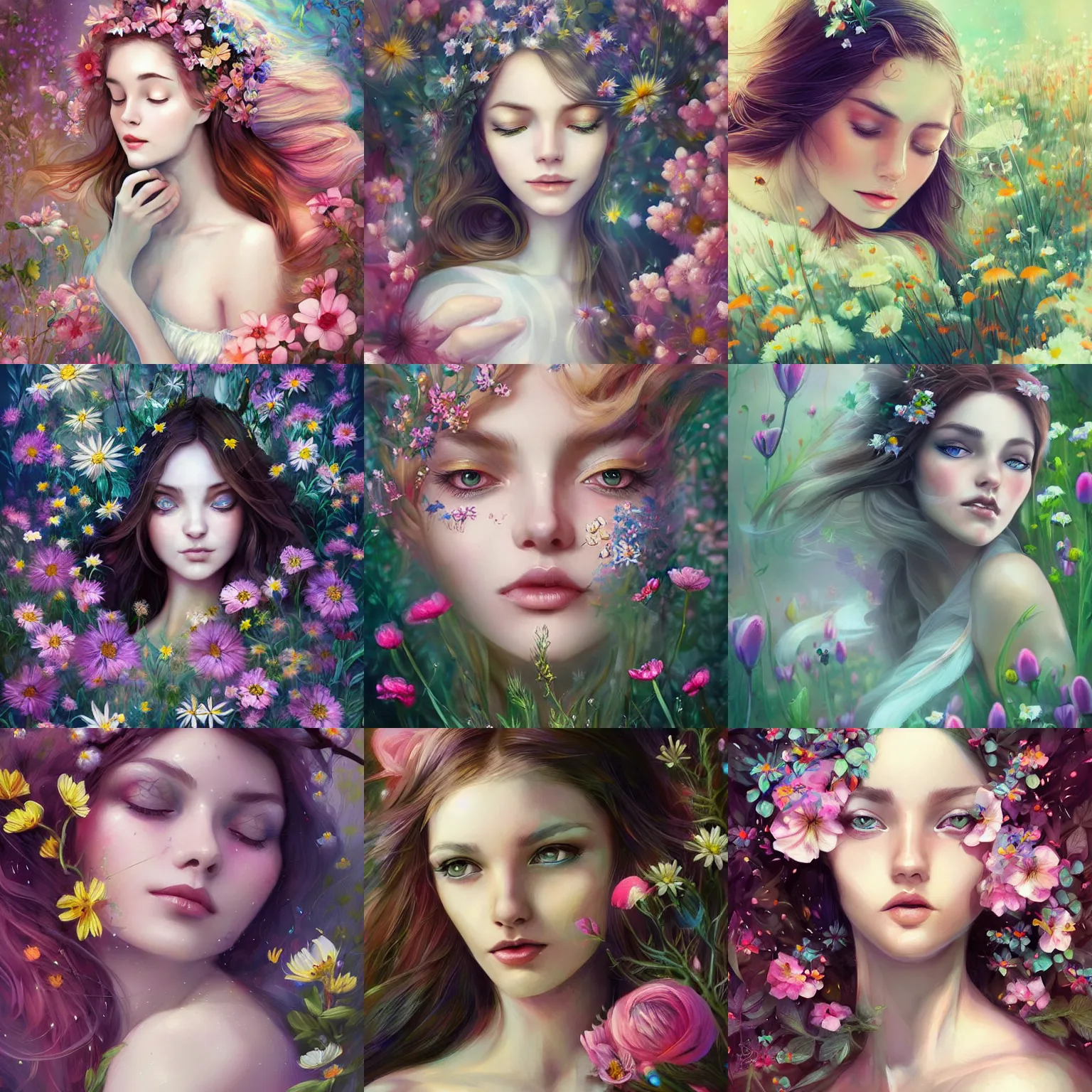 Prompt: A digital painting of a pretty woman lying in wild flowers, art by Anna Dittmann and Artgerm, beautiful eyes, intricate, ethereal, dreamy, highly detailed, digital painting, Artstation, concept art, smooth, sharp focus, illustration