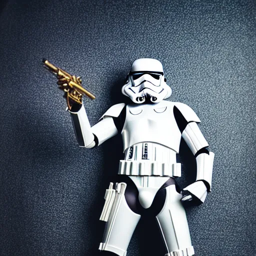 Image similar to fashion photoshoot of a Stormtrooper in a modeling pose with a shiny golden chain, big studio lighting, coloured backdrop and backlight, medium shot, dutch angle, 50 mm lens, flash photography, highly detailed, medium format, vogue