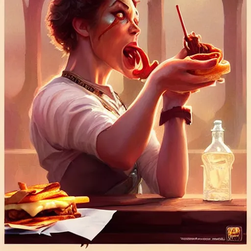 Prompt: Ted Bundy crying eating cheesesteaks, dripping BBQ Sauce, serving burgers, D&D, spilling ketchup, fantasy, intricate, elegant, highly detailed, digital painting, artstation, concept art, matte, sharp focus, illustration, hearthstone, art by Artgerm and Greg Rutkowski and Alphonse Mucha