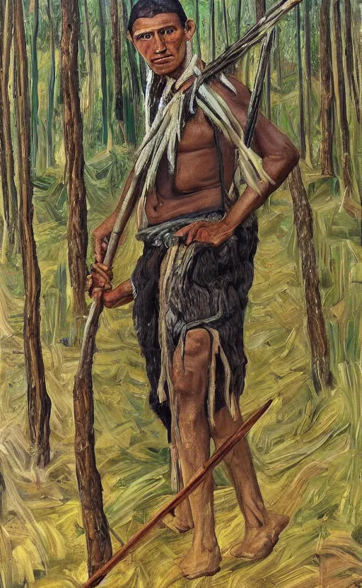 Prompt: full shot picture of indigenous people young man standing with a spear in the forest, painted by lucian freud, hd, super detailed, amazing, realistic lighting