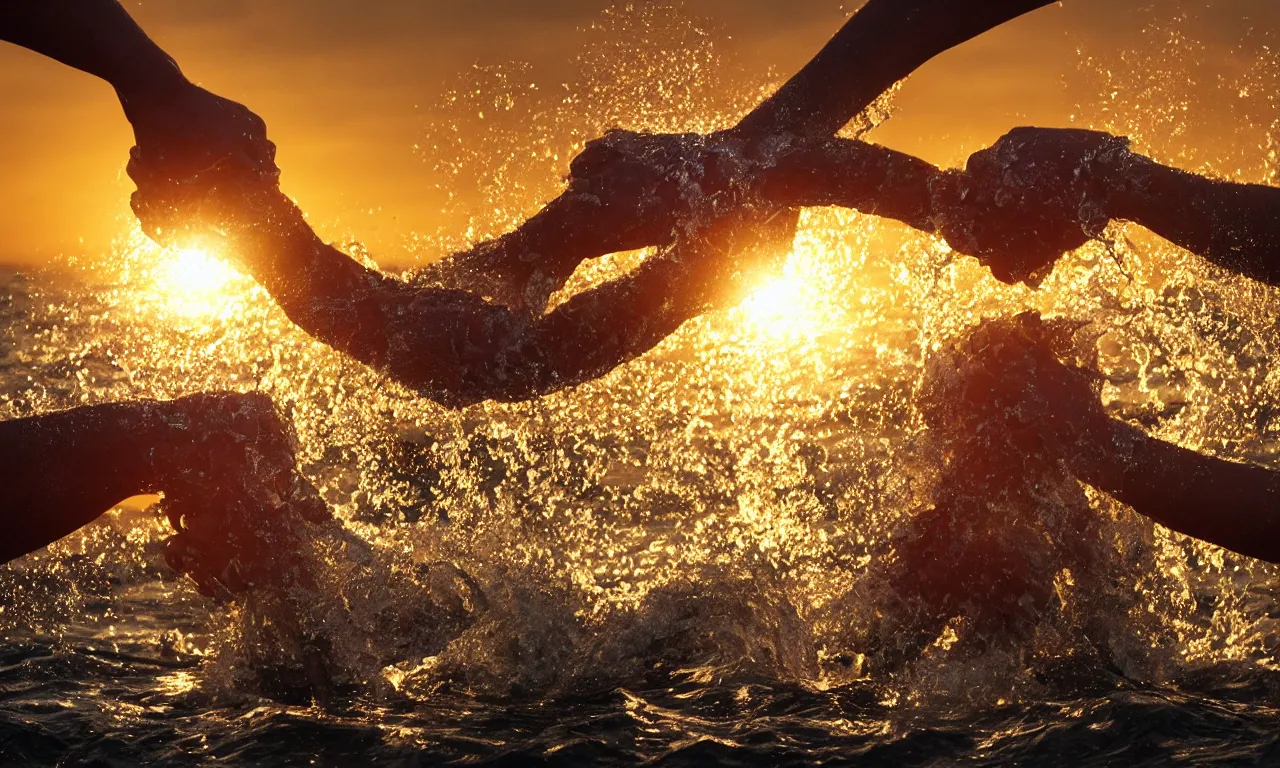 Image similar to illustration of many highly accurate arms gripping each other by the forearms, at sunset, in the style trending on artstation, cinematic, expressing the idea of teamwork, with water, waves, ocean spray, dramatic lighting