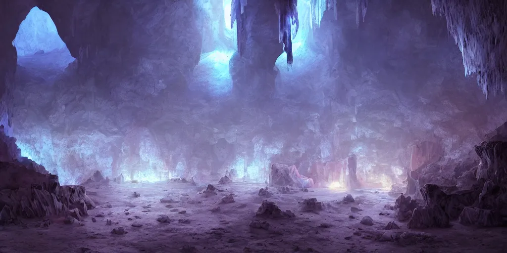 Image similar to beautiful matte painting of a cave with glowing crystals on the walls and bone piles on the floor, fantasy, sharp focus, artstation