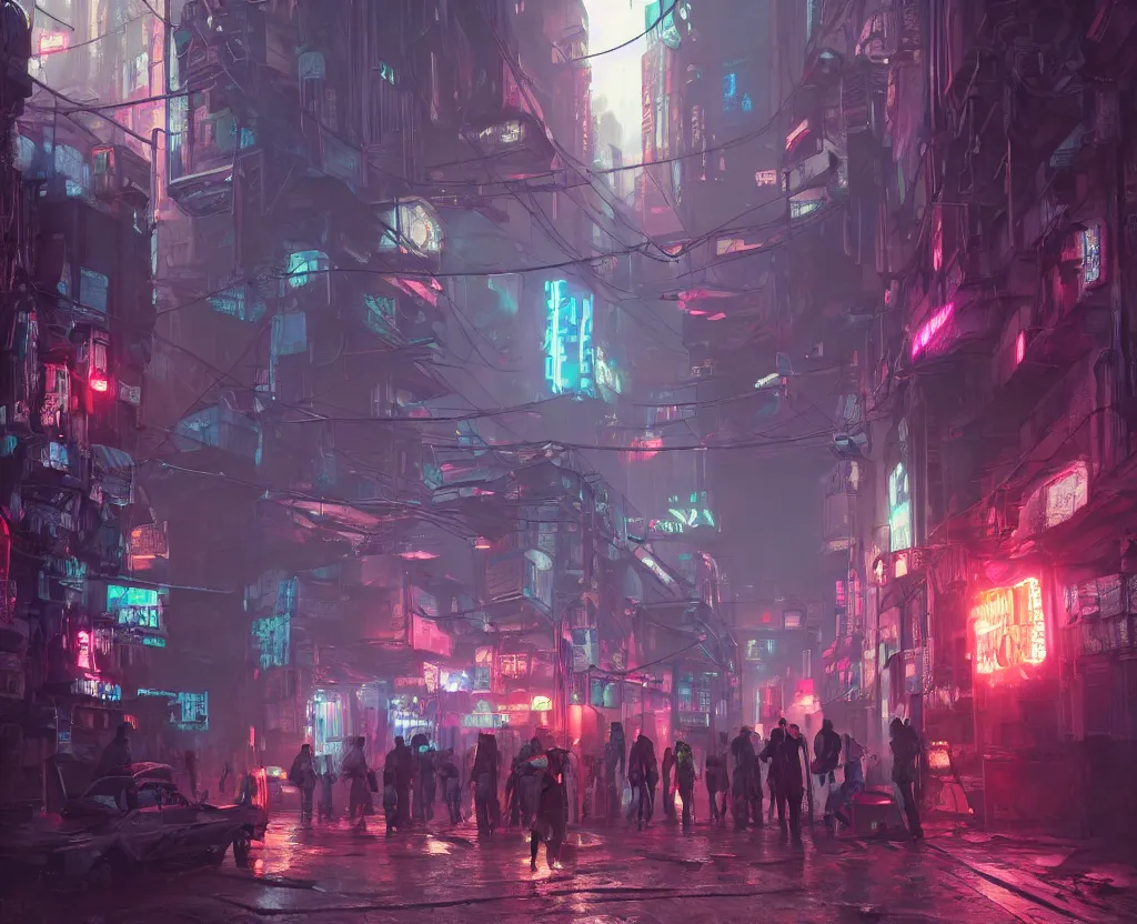 Image similar to close wide angle shot of a matte painting environment design of dystopian cyberpunk alley with neon lights, people on the streets being monitored by flying drones, artstation, design by dreadjim, eddie mendoza, james paick, ultra realistic, volumetric lighting, 4k, octane render