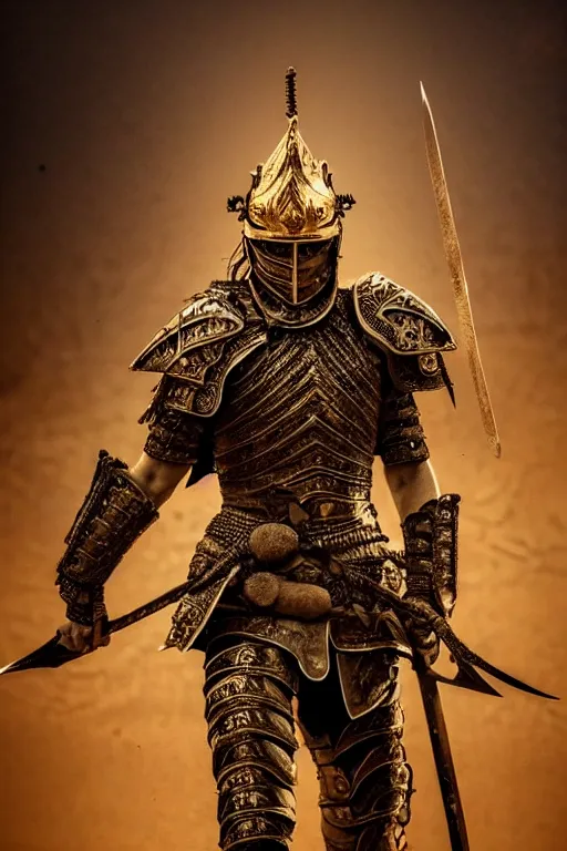 Prompt: the king in the desert, Warrior fighting in a dark scene, attractive face, beautiful face, detailed scene, standing in a heroic figure, Armour and Crown, highly detailed, blood and dust in the air, action scene, cinematic lighting, dramatic lighting, trending on artstation, elegant, intricate, character design, motion and action and tragedy, fantasy, D&D, highly detailed, digital painting, concept art
