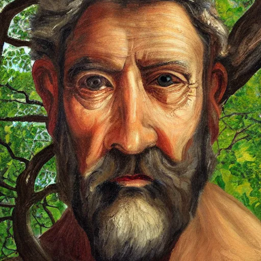 Image similar to A painting of an oak tree, with the face of an old bearded man, close up portrait of a human face in a tree