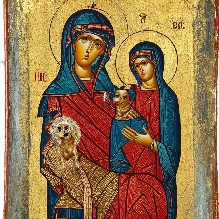 Prompt: byzantine icon depicting mary holding a divine shiba inu god