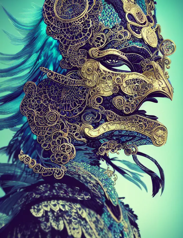 Image similar to 3 d shaman in venetian mask close - up profile portrait. beautiful intricately detailed japanese crow kitsune mask and clasical japanese kimono. betta fish, jellyfish phoenix, bio luminescent, plasma, ice, water, wind, creature, artwork by tooth wu and wlop and beeple and greg rutkowski