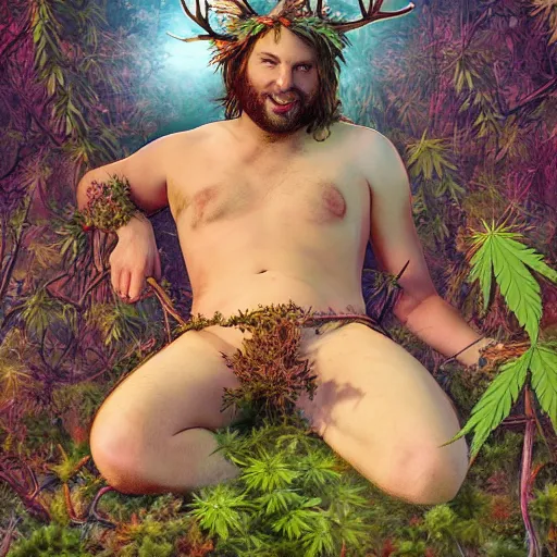 Prompt: intoxicated lazy shirtless hippie wearing twigs and leaves and antlers smiling sheepishly in a field of cannabis plants, highly detailed, dramatic lighting, night time, cinematic, fantasy art, hyperrealistic, detailed
