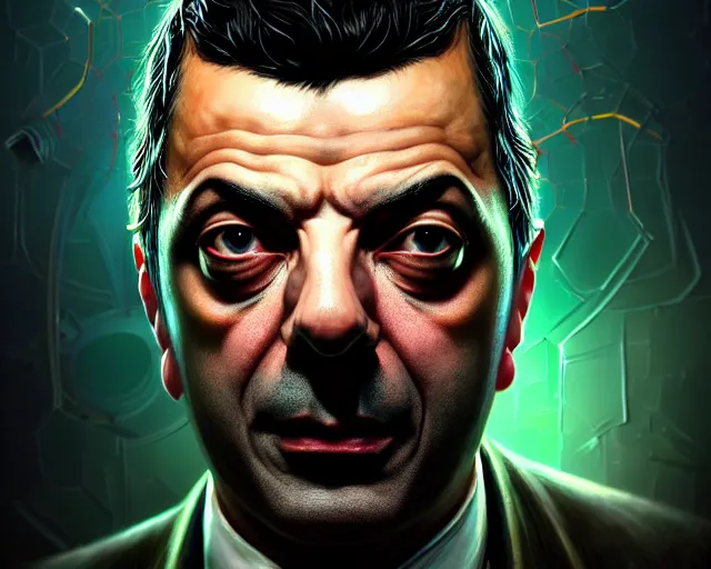 Image similar to lovecraft biopunk portrait of rowan sebastian atkinson, fractal background, au naturel, hyper detailed, digital art, trending in artstation, cinematic lighting, studio quality, smooth render, unreal engine 5 rendered, octane rendered, art style by klimt and nixeu and ian sprigger and wlop and krenz cushart.