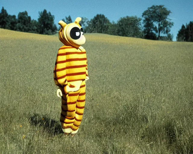 Prompt: William Dafoe in the bee costume on the sunny meadow with clear sky, film still, high detail