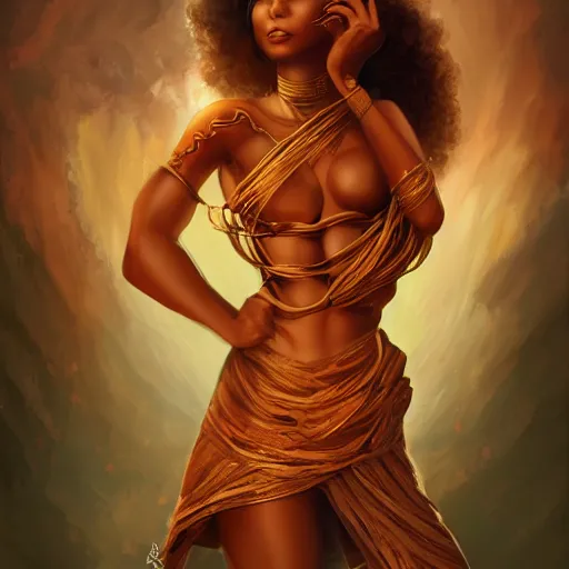 Prompt: a brown skinned woman as a firebender, brown curly hair, elegant, intricate, digital painting, artstation, concept art, smooth, sharp focus, illustration, salvador dali, ancient egypt, art deco, garden, diamonds