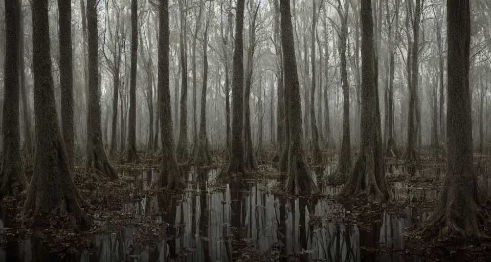 Image similar to A dense and dark enchanted forest with a swamp, by Alyssa Monks