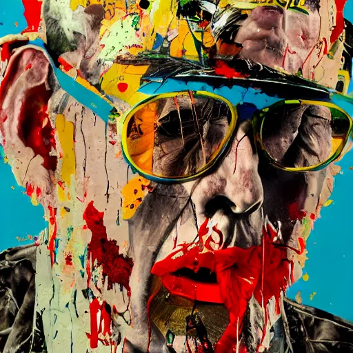 Image similar to hyperrealistic, photorealistic, mixed media oil painting of hunter s thompson, magazine scraps, plaster, blood, oil, mustard, splatter, greg rutkowski, basquiat, ralph steadman, wesley kimler, terry gilliam