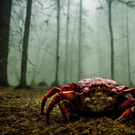 Prompt: eldritch crab being emerging from the ground in a hauntend forest, foggy mysterious, creepy, cinematic, dramatic, 8k, horror, highly detailed, sharp focus, dynamic lighting, photograph, texture