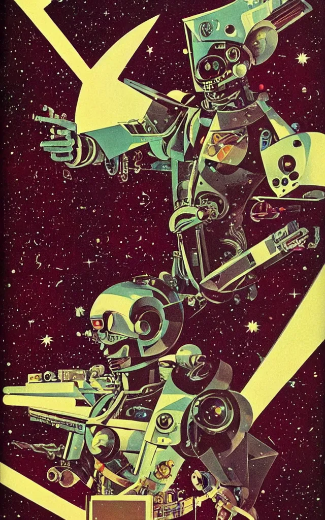 Image similar to space cowboy cyborg. space fantasy. bauhaus art. retro comicbook art. dean ellis.