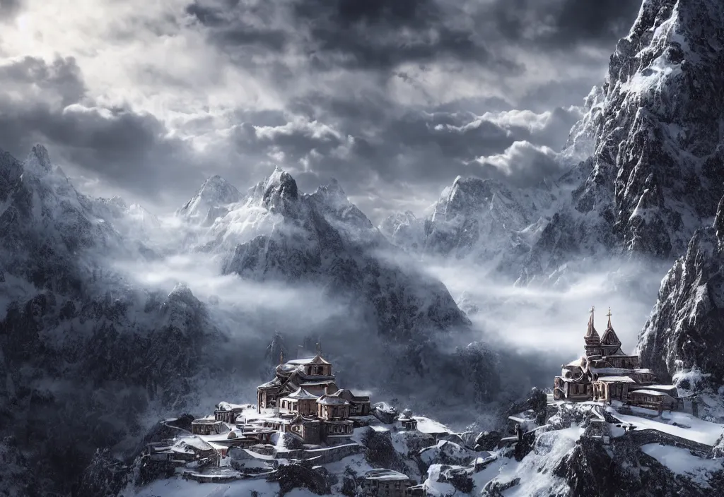 Image similar to A monastery on top of a snowy mountain surrounded by epic clouds by max schiller, cinematic, cinema lighting, ultra realistic, concept art, award winning