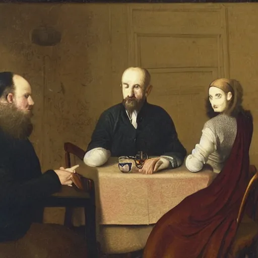 Prompt: The photograph depicts two people, a man and a woman, sitting at a table. The man is looking at the woman with a facial expression that indicates he is interested in her. The woman is looking at the man with a facial expression that indicates she is not interested in him. There is a lamp on the table between them. by Hendrik Kerstens, by Clyde Caldwell melancholic