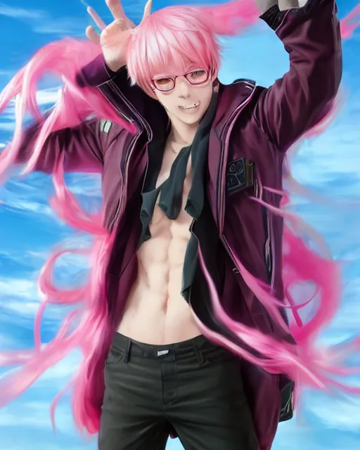 Image similar to Saiki K, Kusuo Saiki, pink hair male protagonist, manga artwork, detailed artwork, by Ruan Jia and Gil Elvgren, fullbody