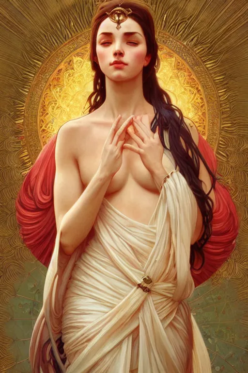 Prompt: goddess of love and peace, accurate anatomy, only two hands, highly detailed, digital painting, artstation, concept art, smooth, sharp focus, illustration, Unreal Engine 5, 8K, art by artgerm and greg rutkowski and alphonse mucha