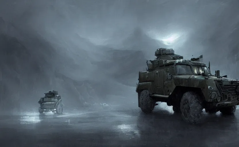 Image similar to a military vehicle in the mountain at night by Paul Chadeisson, blue headlights, dark image, stormy weather , atmospheric, artstation, concept art, illustration, sharp focus, high detail, octane render, intimidating