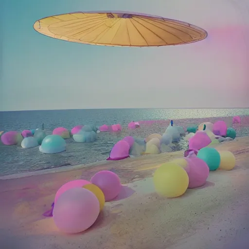 Image similar to a pastel colour high fidelity wide angle Polaroid art photo from a holiday album at a seaside with abstract inflatable parachute furniture, all objects made of transparent iridescent Perspex and metallic silver, a festival happens far in the distance, iridescence, nostalgic