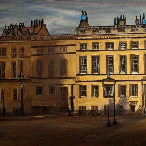 Prompt: A painting of ten downing street in the year 2100, 4k Ultra HD