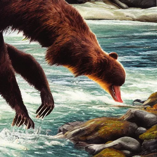 Prompt: oil painting, bear stretching out its arm to catch a salmon alongside a river in Alaska, high detail