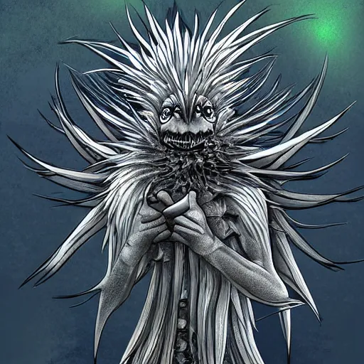 Image similar to A humanoid thistle monster, highly detailed, digital art, sharp focus, trending on art station, plant, dandelion, anime art style