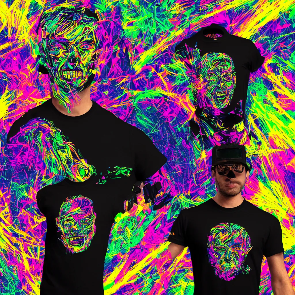 Prompt: mockup of a black tshirt with a hyperdetailed portrait of a trippy cyberpunk robot, 8 k, symetrical, flourescent colors, happy mood, multicolored,