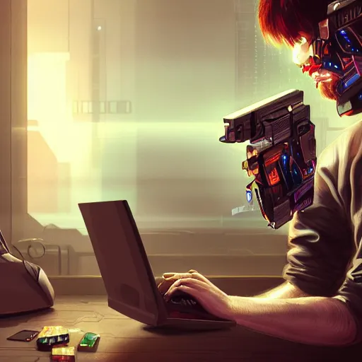 Image similar to realistic man using laptop in gaming room, artstation trends, cyberpunk concept art, highly detailed, intricate, sharp focus, digital art, 8 k