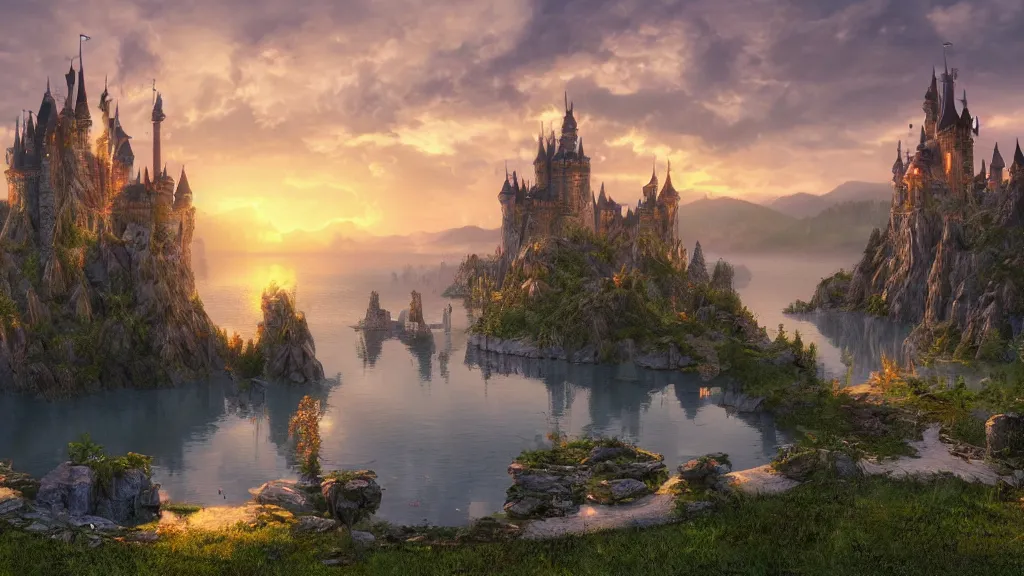 Prompt: fantasy castle with lake in sunset by mark adamus, fantasy artwork, very very very beautiful scenery, hd, hdr, ue5, ue6, unreal engine 5, cinematic 4k wallpaper, 8k, ultra detailed, high resolution, artstation, award winning