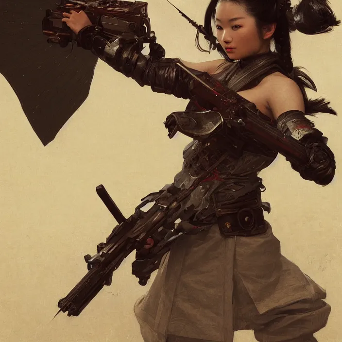 Image similar to a samurai holding a machine gun, au naturel, intricate, hyper realise, digital art, artstation, concept art, smooth render, sharp focus, ian sprigger, artgerm, greg rutkowski, alphonse mucha, william adolphe bouguereau