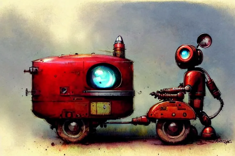 Image similar to adventurer ( ( ( ( ( 1 9 5 0 s retro future robot android robot mouse wagon. muted colors. ) ) ) ) ) by jean baptiste monge!!!!!!!!!!!!!!!!!!!!!!!!! chrome red