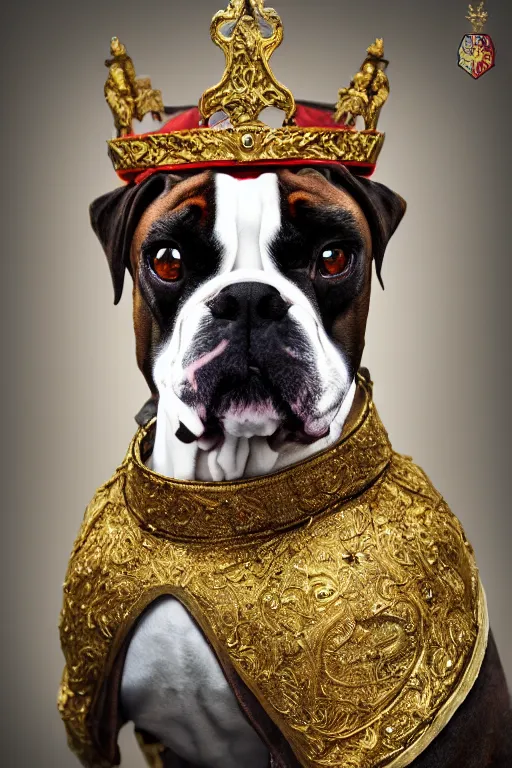 Prompt: an oil painting portrait of a boxer dog wearing medieval royal robe and an ornate crown on a dark background, digital Art, concept Art, highly detailed, 3-D 4K, trending on art station, Award winning, Mark Brooks