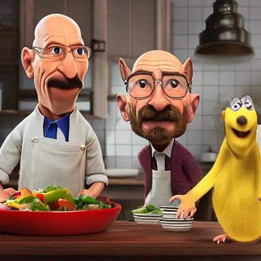 Image similar to walter white in ratatouille with rat on head while cooking