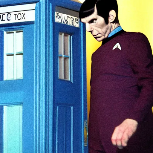 Prompt: color photo of mr spock blue uniform exiting the tardis