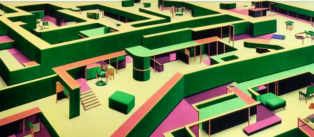Image similar to huge sprawling gargantuan angular dimension of infinite indoor landscape 7 0 s green velvet and wood with metal office furniture. surrealism, mallsoft, vaporwave. muted colours, 7 0 s office furniture catalogue, shot from above, endless, neverending epic scale by escher and ricardo bofill