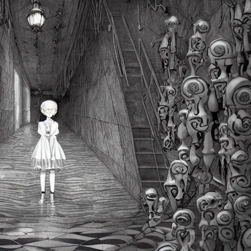 Image similar to a creepy porcelain doll - like woman walking through a bright white staircase with many doors and hallways, mc escher architecture, very detailed background, epic composition, anime key visual, anime style, by makoto shinkai