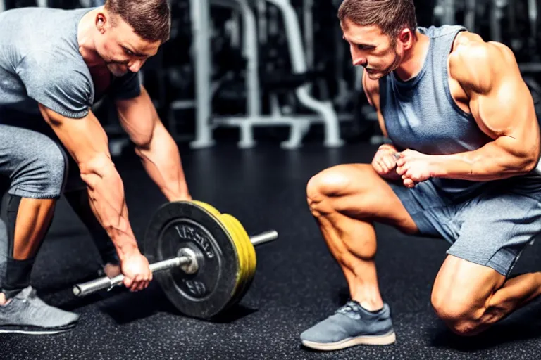 Prompt: weak man trying to light a heavy weight in the gym, hd