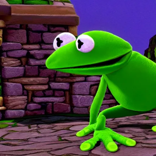 Image similar to screenshot of a kermit the frog as an npc in spyro the dragon video game, with playstation 1 graphics, activision blizzard, upscaled to high resolution