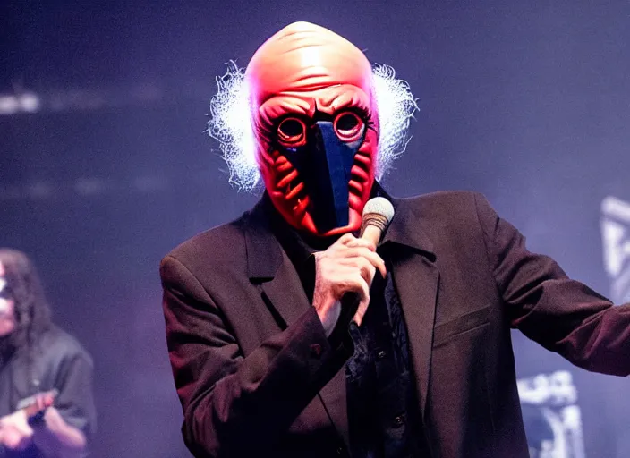 Image similar to publicity photo still of larry david wearing a slipknot mask touring with slipknot live on stage, 8 k, live concert lighting, mid shot