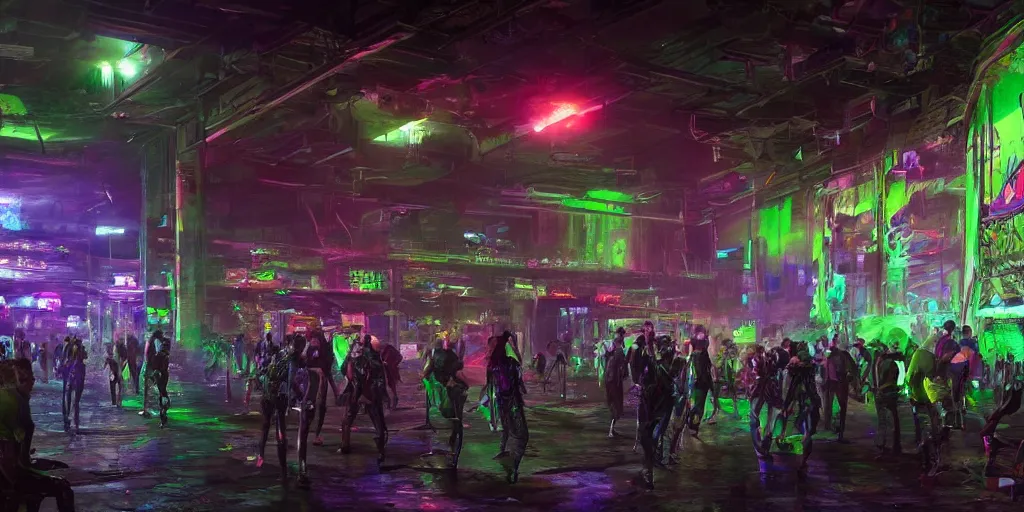 Image similar to a cyberpunk rave in a indoor football stadium, background scene from the old city of babylon, concept art, ultra realistic, 8 k, painting, highly detailed, sci - ci, neon, rain, guns, firearms, robbery, a police car burning