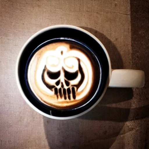 Prompt: skull, latte art, sinister lighting