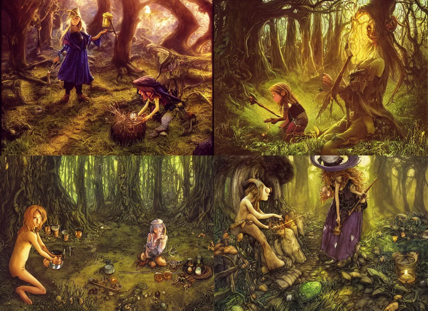 Prompt: a young witch making potions in the middle of the forest surrounded by feys, goblins and trolls, soft lightin, detailed, golden hour, by brian froud