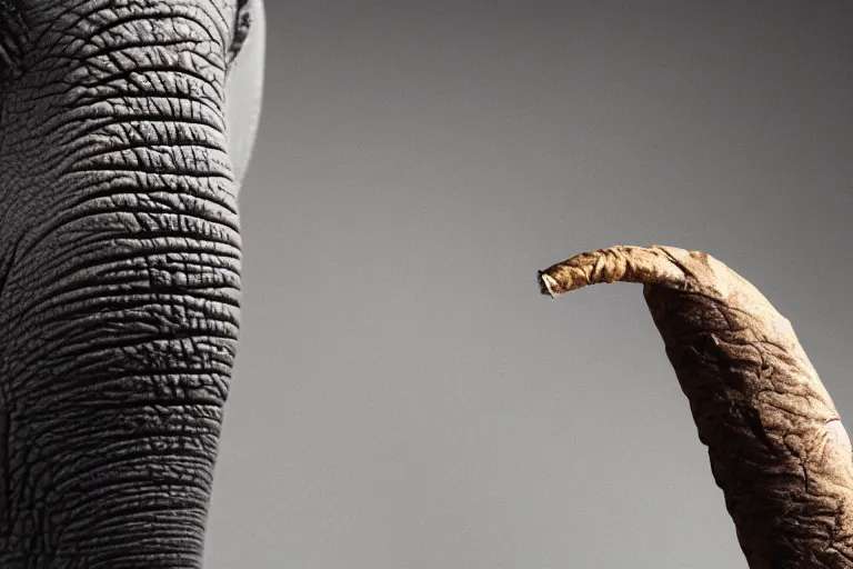 Image similar to ultra realistic nature photography, picture of ( subject : a cigar smoked by an elephant ). the scene is set in a cigar lounge, a very smokey atmosphere, small thick clouds of cigar smoke, artstation, focus on the cigar, extremely detailed and crisply sharp cigar, hyperrealistic smoke, sigma, 4 k