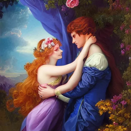 Image similar to A vintage rococo painting Charlie Bowater and Gabrielle Ragusi by Salvador Dalle Lisa Frank :: He always knew she was the one :: dapper man handsome with beautiful hair and brown eyes, a smile to take your breath away. Cute and mine from the first meeting until the end of time :: hd - H 960