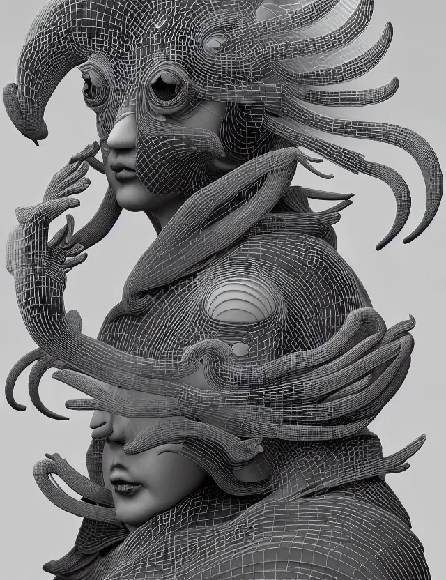 Image similar to 3 d goddess close - up profile portrait of cultist monk in hooded robe with ram skull. beautiful intricately detailed japanese crow kitsune mask and clasical japanese kimono. betta fish, jellyfish phoenix, bio luminescent, plasma, ice, water, wind, creature, artwork by tooth wu and wlop and beeple and greg rutkowski